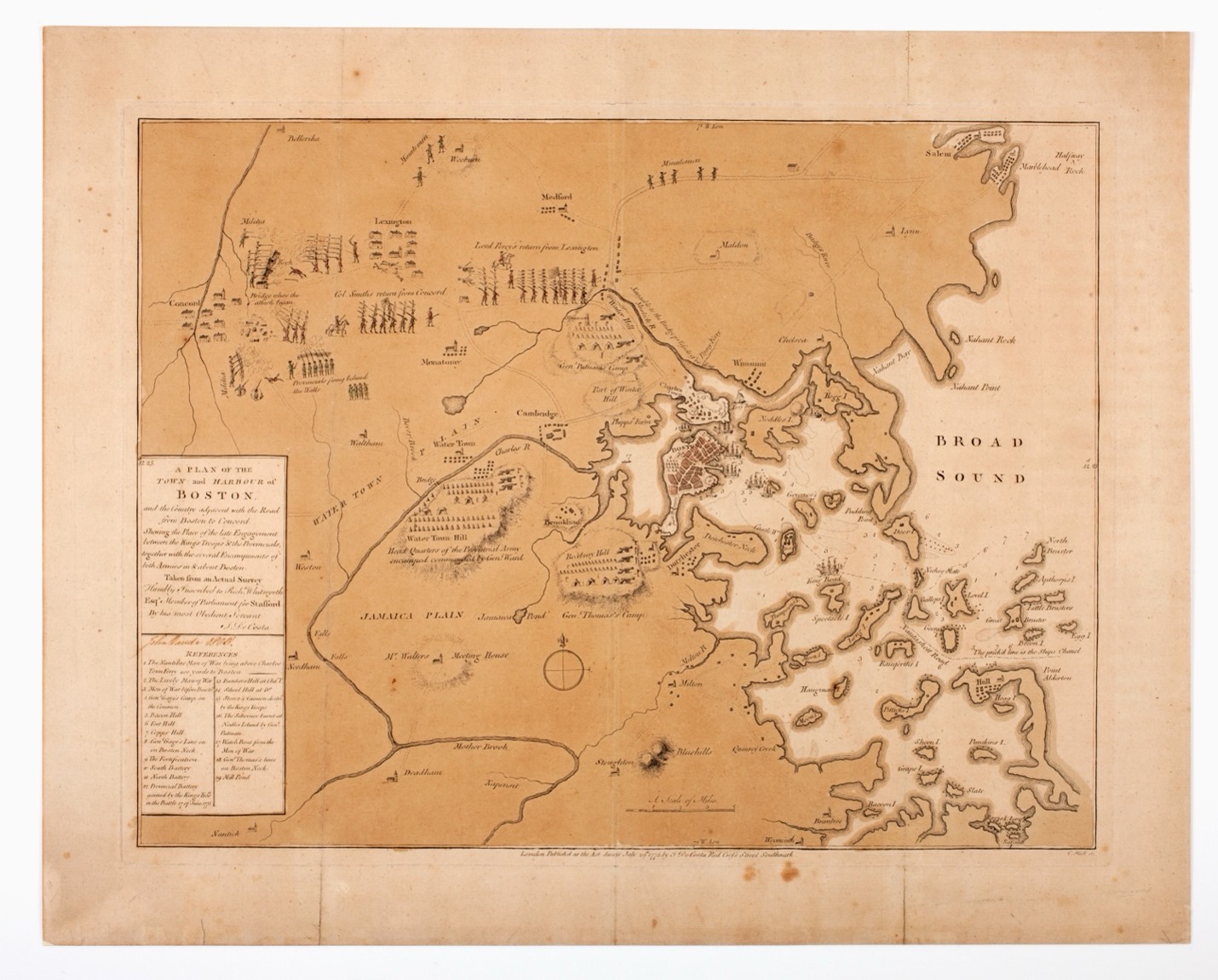 A historical map of the town and harbour of Boston.